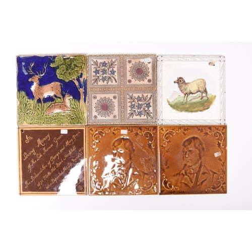 20 - A collection of English tiles, late 19th and early century, including an In Memorium tile inscribed ... 