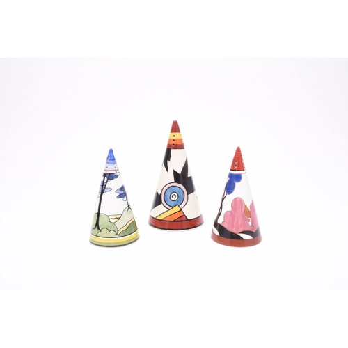 210 - A Wedgwood Clarice Cliff Bizarre Conical sugar sifter, 14cm high; together with two Bradford Exchang... 