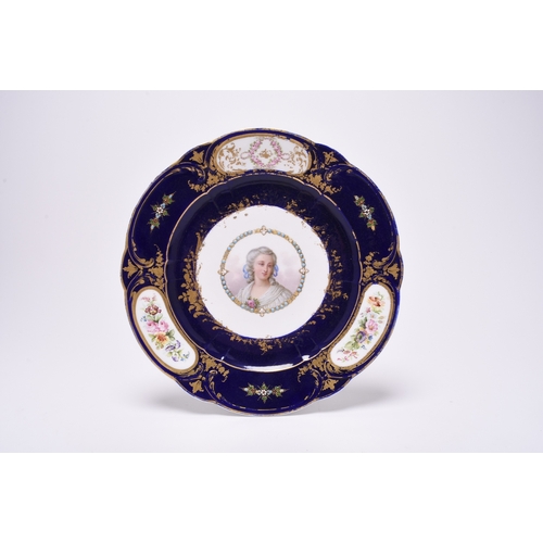 213 - A Sèvres porcelain cabinet plate, date letter for 1775, dark blue ground, painted with a portrait of... 