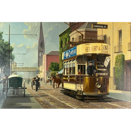 447 - Robert K Calvert (20th Century) Gloucester City Scene with tram and carts as in circa 1905, signed l... 