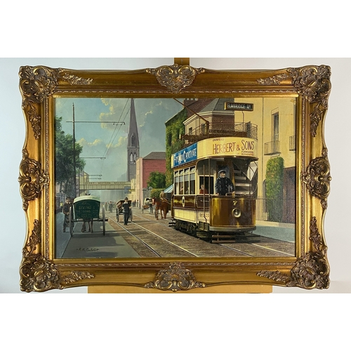 447 - Robert K Calvert (20th Century) Gloucester City Scene with tram and carts as in circa 1905, signed l... 