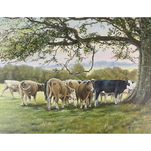 448 - Nora Kelly (Irish 20th Century) Cows grazing around a tree, signed lower right, oil on canvas, 35 x ... 