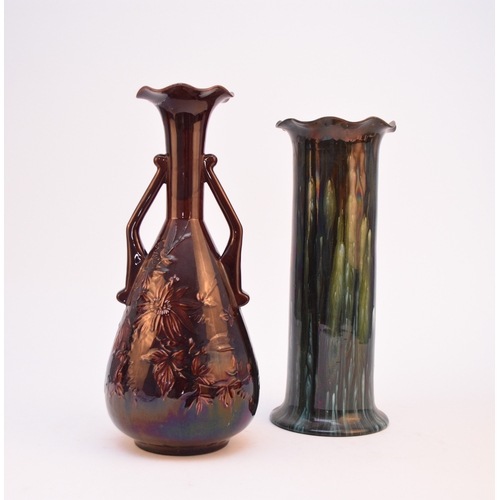 57 - Two Linthorpe art pottery vases, the first, shape 2077, with twin-angular handles and a frilled uppe... 