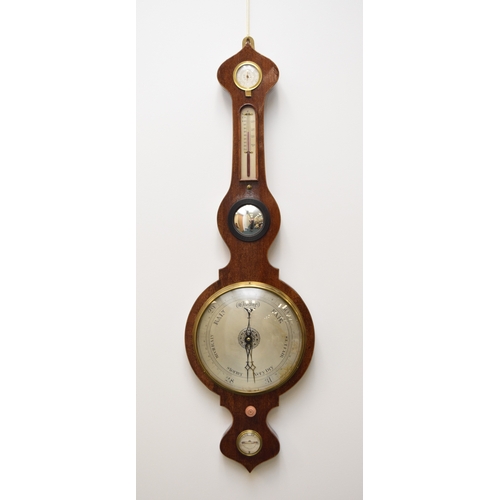 605 - A George III mahogany banjo barometer Edwards, Llangollen With hydrometer and alcohol thermometer, t... 