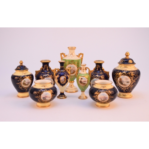 65 - A collection of small Coalport vases, late 19th and early 20th century, each decorated with landscap... 