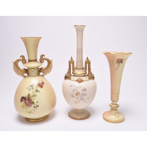 75 - Three Royal Worcester blush ivory vases decorated with flowers, comprising a twin-handled vase, shap... 