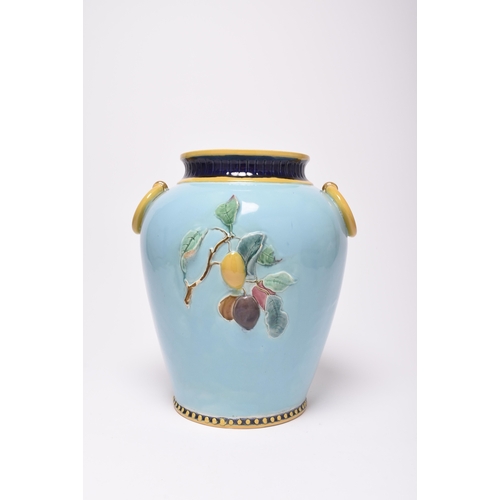 80 - A Brown Westhead Moore & Co majolica fruits vase or jar, lacking cover, circa 1875-80, ovoid form wi... 