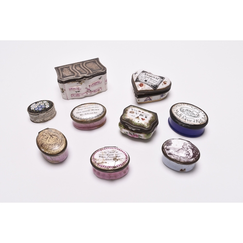 9 - A collection of patch and snuff boxes, including Bilston enamel examples, 18th - 20th centuries, the... 