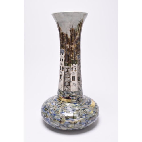 95 - A Cobridge stoneware vase, dated 2004, decorated with a landscape pattern of the Cornish harbour tow... 