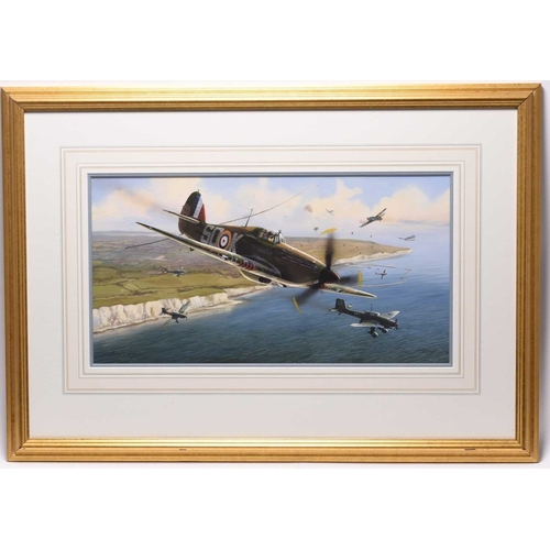 7 - Adrian C Rigby (British, b.1962) Hurricane Battle over Dover, gouache, framed, mounted and glazed, 2... 