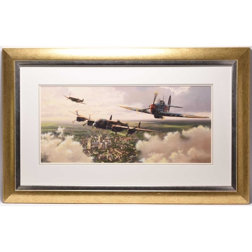 8 - Adrian C Rigby (b.1962) 'Lest We Forget', an Avro Lancaster heavy bomber and two Spitfires over a Li... 