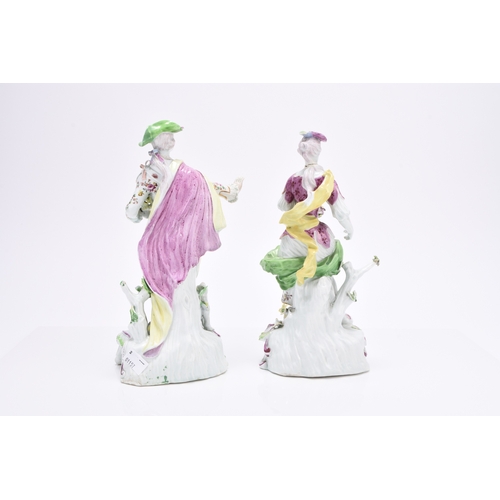 104 - A pair of Derby porcelain models of a Dresden Shepherd and Shepherdess, circa 1755-60, decorated in ... 