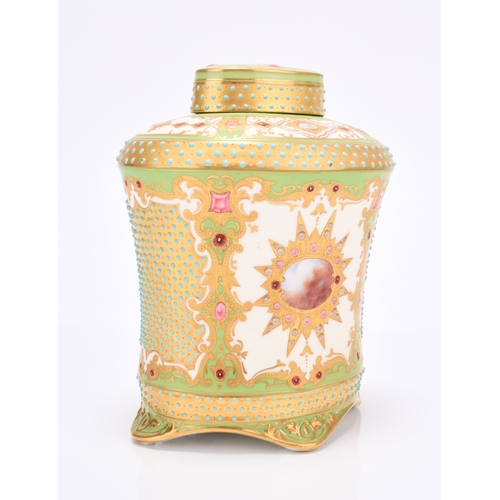 109 - A Coalport Chicago Exhibition agate and jewelled tea canister and cover, circa 1893, the green and c... 