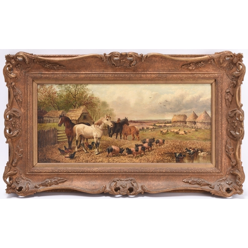 110 - John Frederick Herring II (1815-1907) Horses and Farm Animals grazing in a field beside a pond, with... 