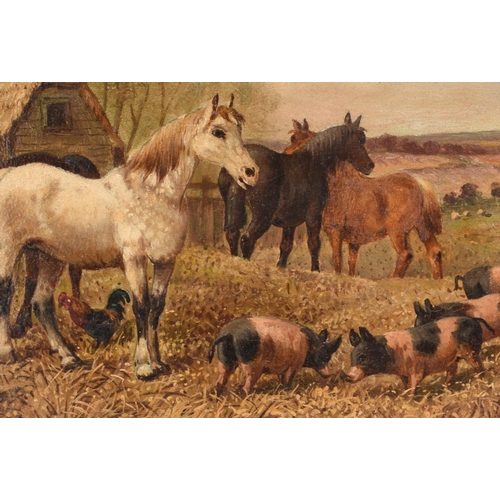 110 - John Frederick Herring II (1815-1907) Horses and Farm Animals grazing in a field beside a pond, with... 