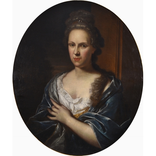 122 - Pieter van der Werff (1665-1722) Oval Portrait of a Lady with a blue velvet wrap, oil on canvas, 80 ... 