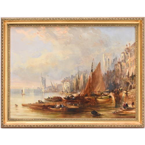 130 - Attributed to Thomas Fenwick (fl.1835-1850) Fishing Boats at a Harbour Town, oil on panel, 44 x 56 c... 