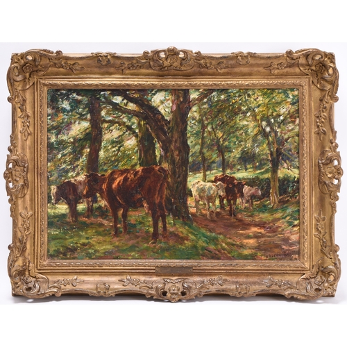 131 - Mark William Fisher RA (American 1841-1923) Cattle in the Shade, signed lower right, oil on canvas, ... 