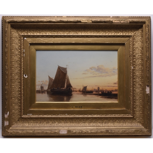 134 - James Webb (1825-1895) Shipping at Sunset, signed lower left, oil on panel, 23 x 36 cm, frame 52 x 6... 