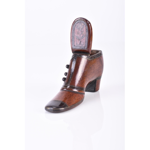 143 - A pique work treen shoe snuff box, first half 19th century Modelled as a boot with rounded two and b... 