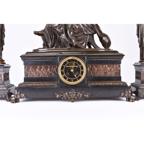 154 - A large and impressive French bronze figural and black marble clock garniture Late 19th century, the... 