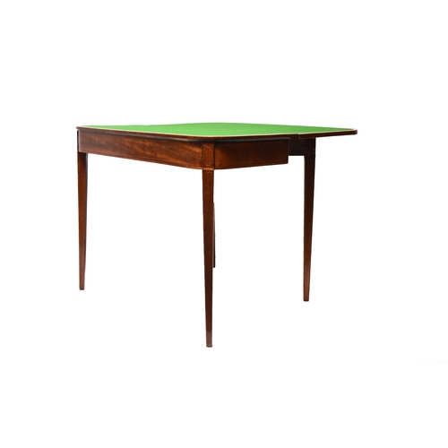 189 - A George III inlaid mahogany fold-over card table The boxwood strung D-form top with green baize ski... 