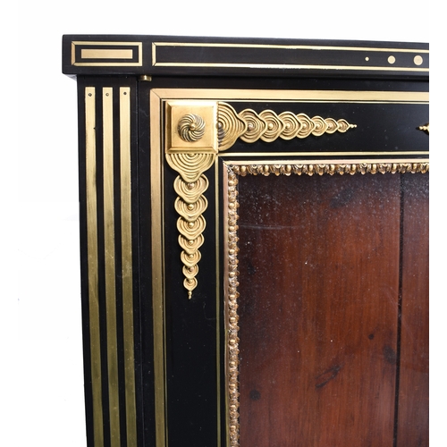 213 - A Louis XVI style ebonised and gilt-metal mounted pier cabinet With twin glazed doors enclosing thre... 