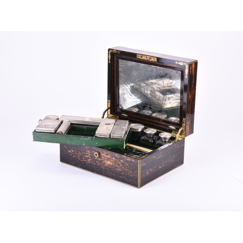 22 - An S Mordan Victorian silver mounted travelling dressing table set, the silver mounted by Henry Tipp... 