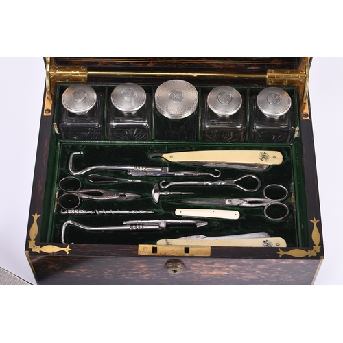 22 - An S Mordan Victorian silver mounted travelling dressing table set, the silver mounted by Henry Tipp... 