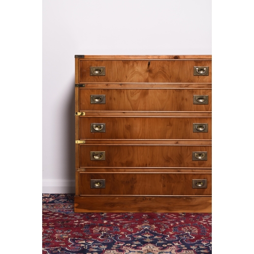 221 - A pair of reproduction yew wood campaign style secretaire chests The top secretaire drawer with fall... 