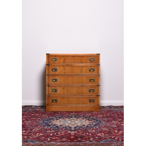 221 - A pair of reproduction yew wood campaign style secretaire chests The top secretaire drawer with fall... 