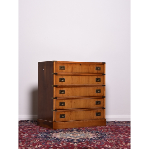 221 - A pair of reproduction yew wood campaign style secretaire chests The top secretaire drawer with fall... 