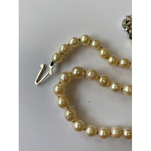 31 - A single strand graduated cultured pearl necklace, with sapphire set clasp, comprising 109 cultured ... 