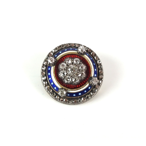 40 - A diamond and enamel brooch, designed as a central floral cluster of old cut diamonds set to red ena... 