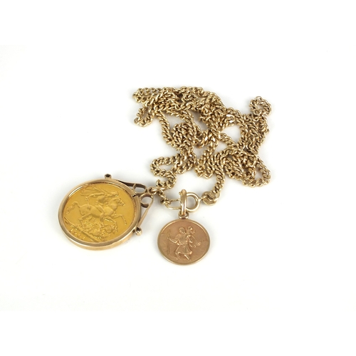 58 - A Victoria 1901 sovereign set pendant on chain, the old head sovereign within 9ct gold mount and sus... 