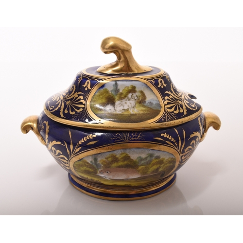 79 - A Coalport 'Animal Service' dessert sauce tureen and cover, circa 1800-05 of oval form with twin han... 