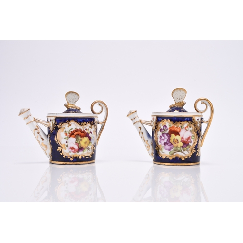 87 - A pair of Coalport miniature rosewater sprinklers in the form of watering cans, circa 1810-20, of dr... 