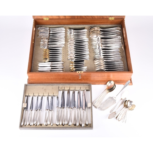 9 - A cased canteen of German silver cutlery, comprising; twelve serving / soup spoons, twelve table for... 