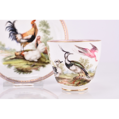 92 - A Coalport coffee cup and saucer, circa 1860, painted in John Randall's later style with a rooster, ... 