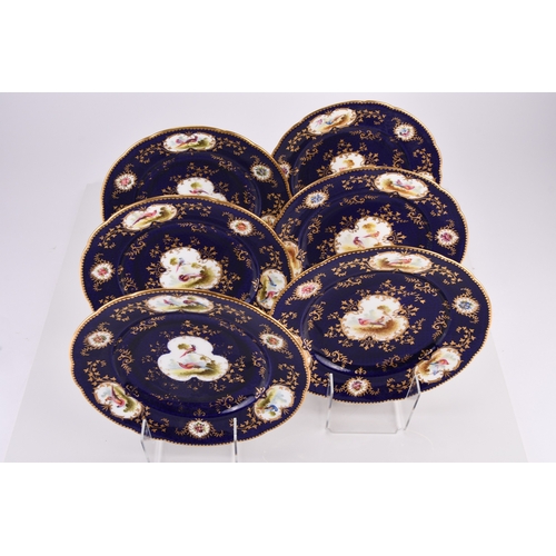 95 - A set of six Coalport dessert plates, early 20th century, painted with fancy birds by Frederick Howa... 