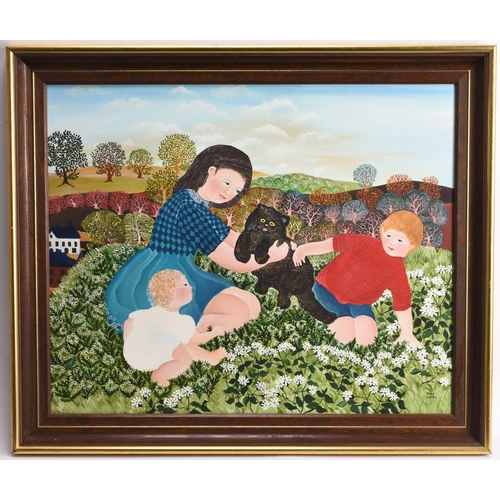 12 - Kate Collins (b.1948) Family with Cat in a Landscape, signed lower right, oil on canvas, 45 x 56 cm,... 