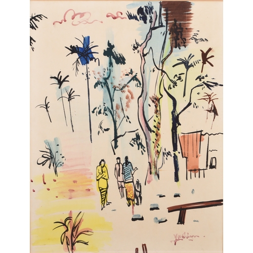 127 - Yu-Chian Chia (Malaysian 1936-1991) Street Scene, figures walking along a street lined with palm tre... 