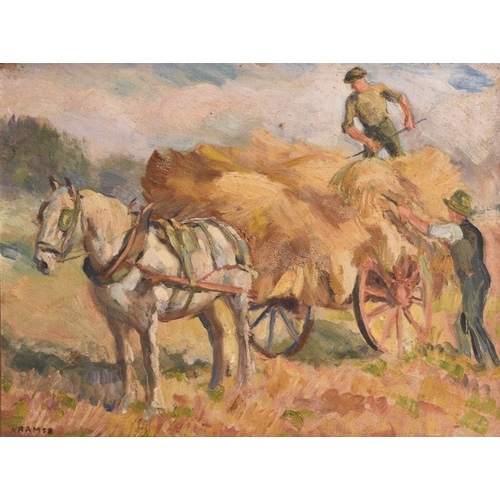 166 - Attributed to Jacob Kramer (1892-1962) Loading a Haywagon, signature lower left, oil on board, 28 x ... 