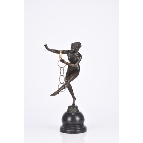 233 - After J.R. Colinet, an art deco style bronze figure of a hoop dancer On a domed marble base. 46cm hi... 