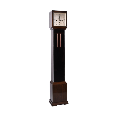 239 - An Art Deco longcase clock of small proportions or 'grandmother clock', in rosewood veneer, the silv... 