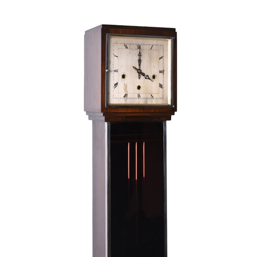 239 - An Art Deco longcase clock of small proportions or 'grandmother clock', in rosewood veneer, the silv... 