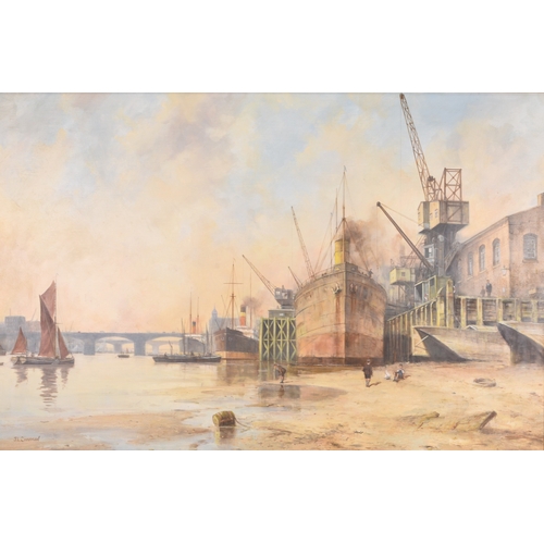 74 - John L Chapman (b.1946) London Wharf, the Tower visible in the distance, signed lower left, oil on b... 