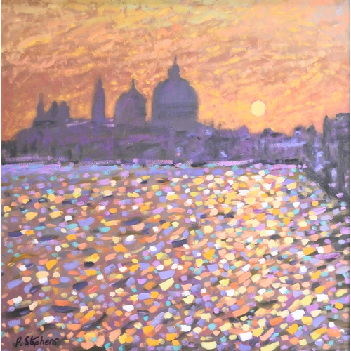 86 - Paul Stephens (b.1957) Sunset Venice, signed lower left, oil on board, 40.5 x 40.5 cm, frame 46 x 46... 