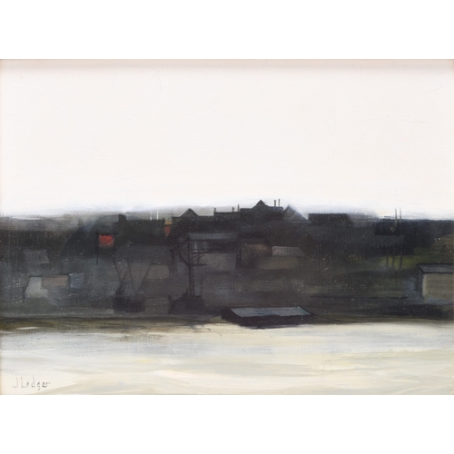 89 - Janet Ledger (b.1931) River Warehouses and Barges, signed lower left, oil on board, 23 x 31 cm, fram... 