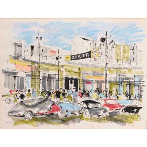 95 - Ronald Maddox (1930-2018) Brighton Speed Car Trials, ink and pastel, signed lower right, 35 x 46 cm ... 